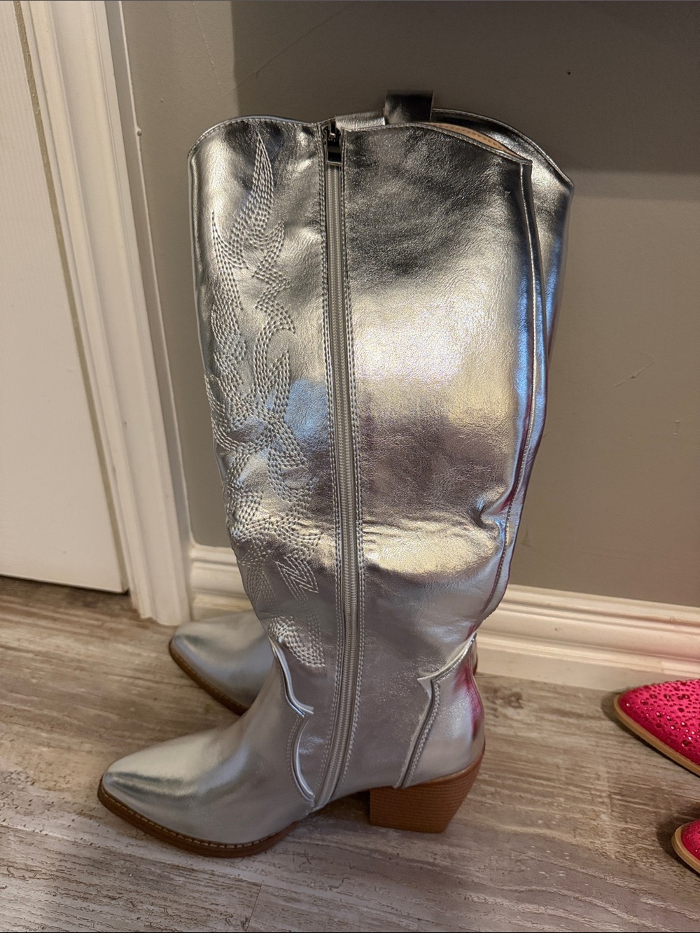 Silver Metallic Western Knee-High Boots